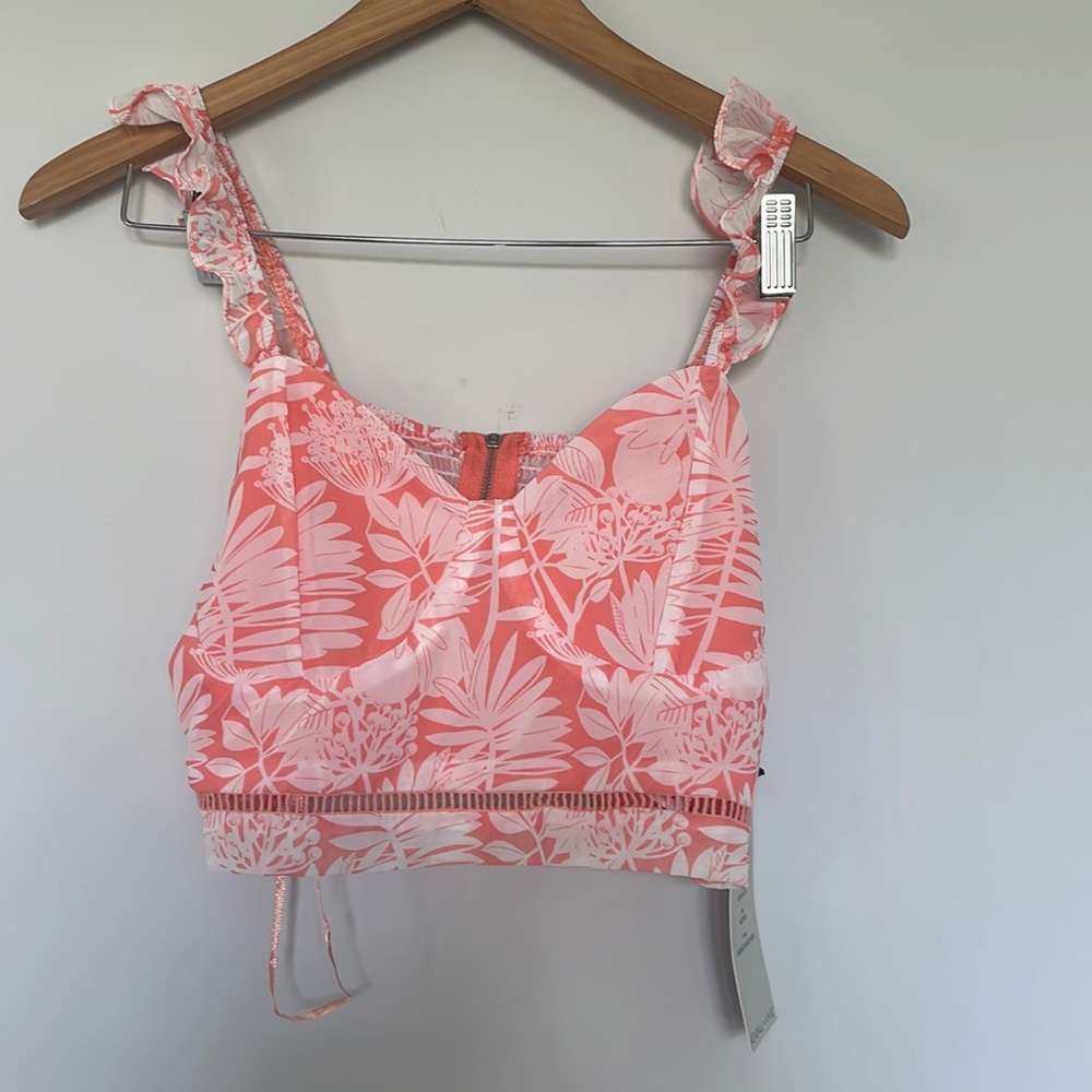 Kendall + Kylie Orange & White Palm Print Ruffle Cropped Tank Top Sz M NWT